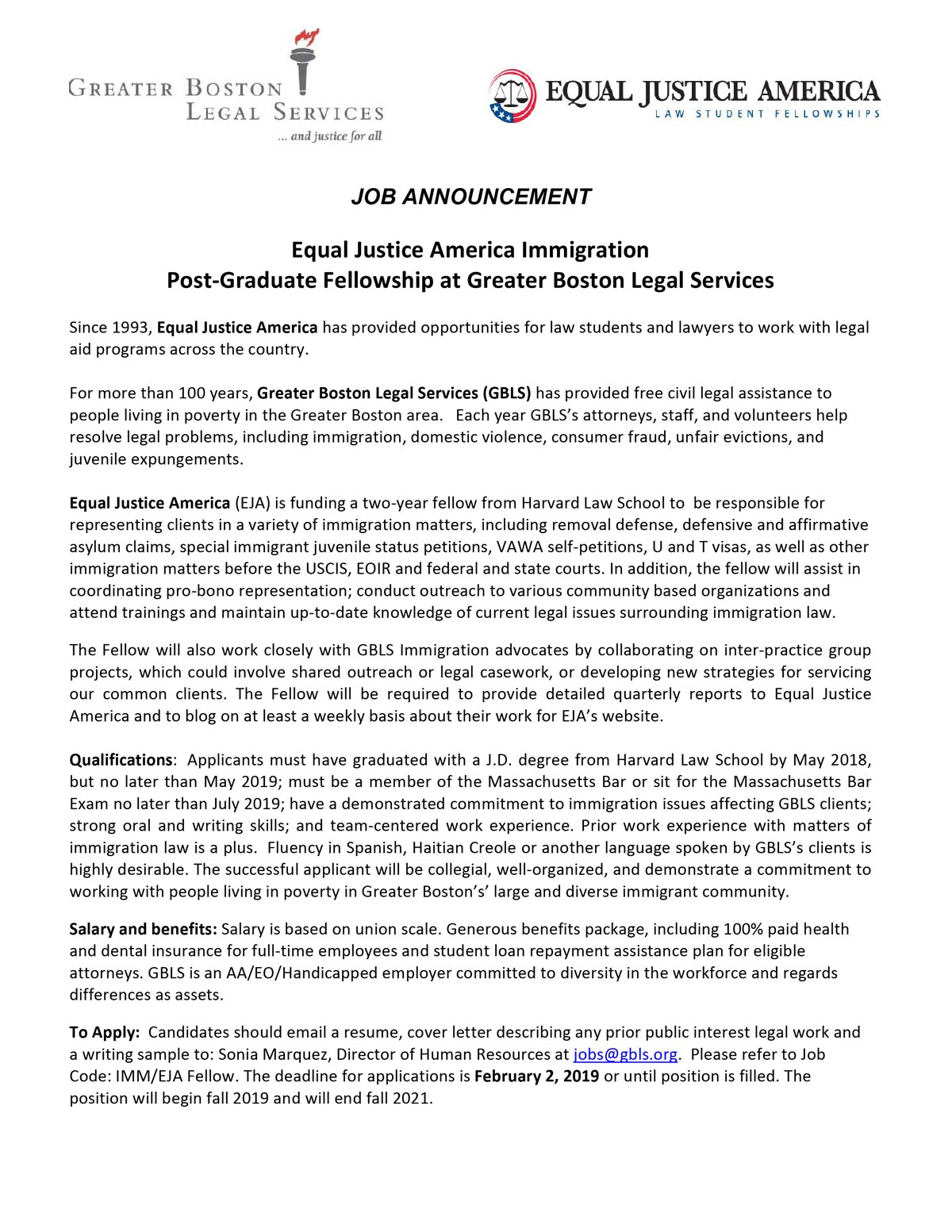 Equal Justice America Immigration  Post-Graduate Fellowship at Greater Boston Legal Services 